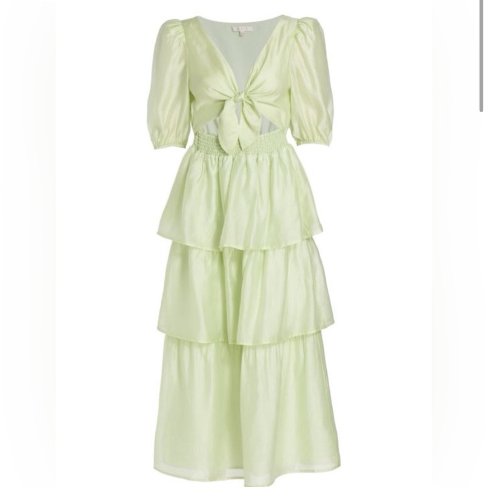 WAYF Puff sleeve Tier Knot tie cut-out smock Midi Dress Seafoam large revolve L